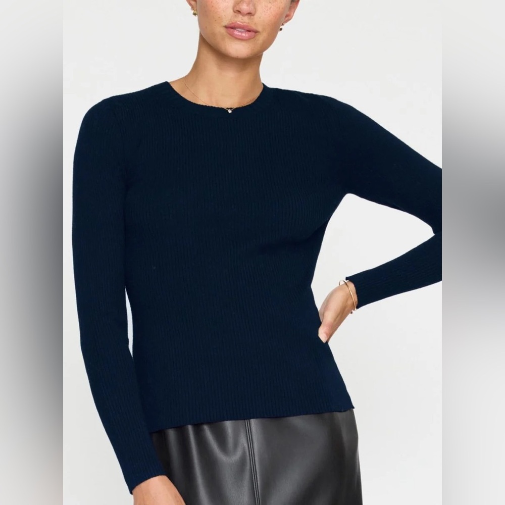 Brochu Walker Tamsin Skinny Rib Knit Long Sleeve Crewneck in Navy Size XL